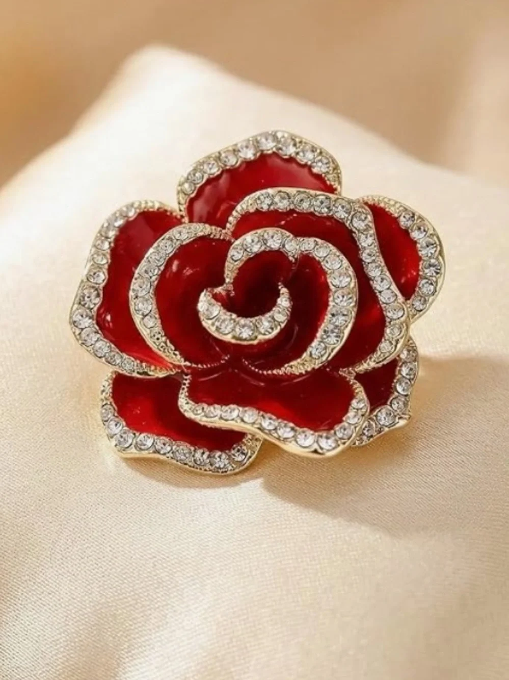Anthropologie Red Rose Crystal-Edged Enamel Brooch